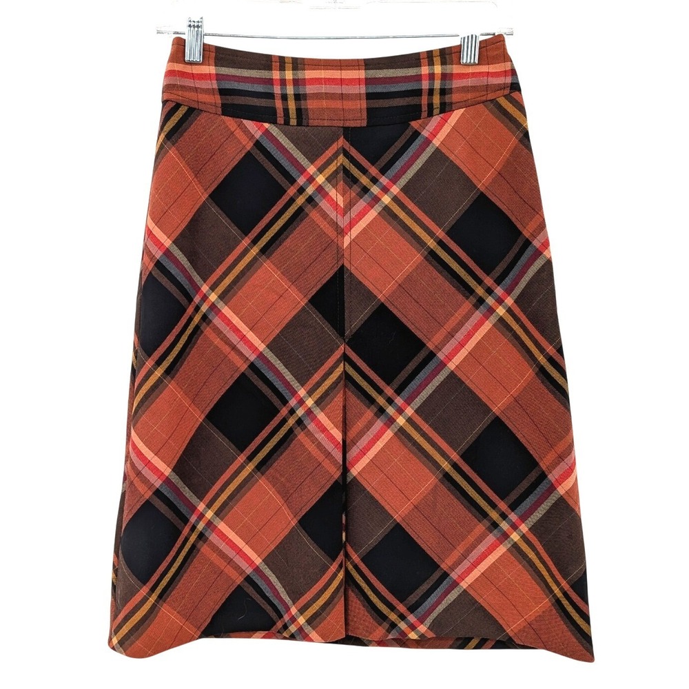 The Limited Plaid Midi Skirt Womens 2 Brown Orange A Line Front Pleat NWT